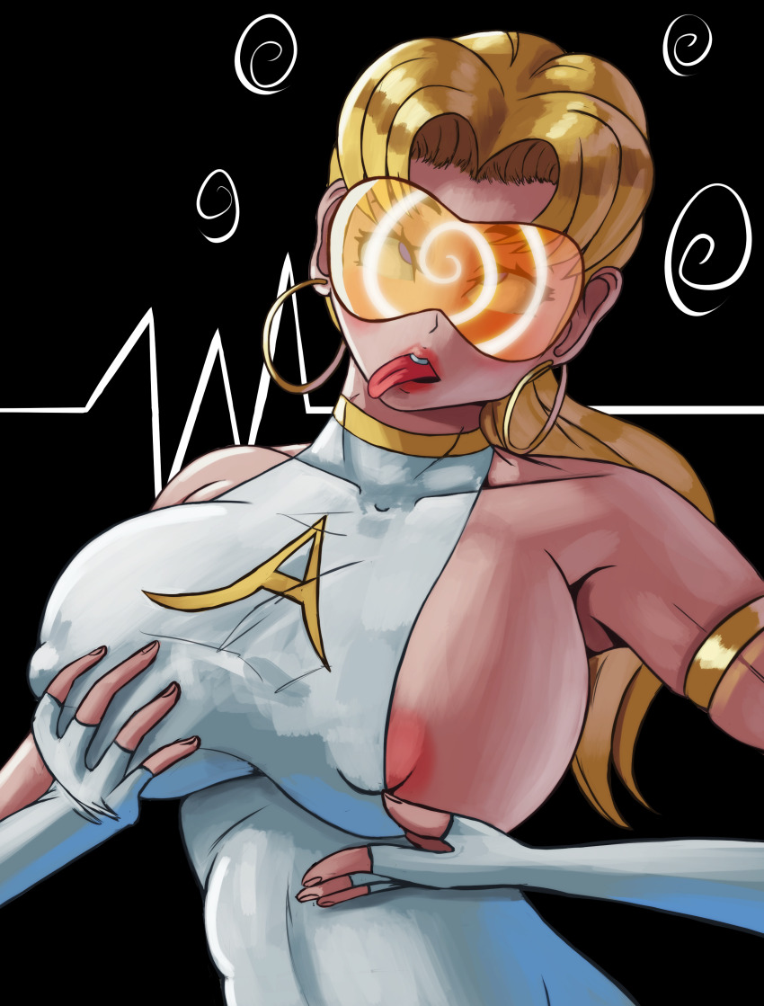 absurdres ahegao aurora_(jabberwocky) blonde_hair blush bottomless breasts empty_eyes erect_nipples female_only femsub foolycooly hypnotic_accessory large_breasts long_hair open_mouth original symbol_in_eyes tech_control visor