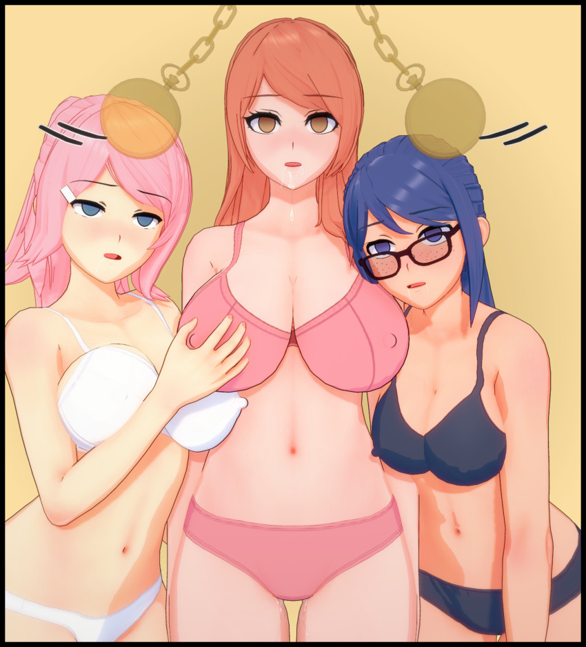 3d absurdres alexia_(electrickronos) bare_legs blue_hair blush bra breast_grab breasts celes_(electrickronos) cleavage collarbone drool empty_eyes expressionless female_only femsub glasses heavy_eyelids huge_breasts koikatsu! large_breasts leaning_forward multiple_girls multiple_subs navel open_mouth orange_hair original panties pink_hair pocket_watch simple_background slouching standing standing_at_attention thehguy underwear wendy_(electrickronos)