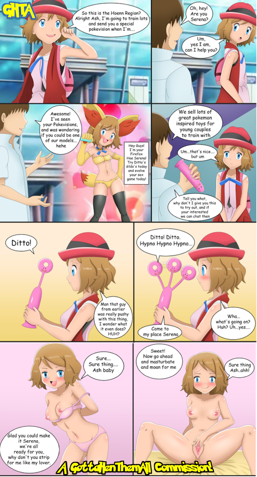 absurdres altered_perception bottomless breasts clothed comic dialogue ditto empty_eyes femsub fox_girl gottahenthemall happy_trance hat maledom nintendo nude pokemon pokemon_(anime) pokemon_x_and_y pussy serena spread_legs spread_pussy text topless undressing undressing_command