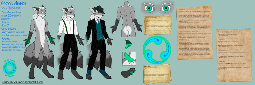 absurdres adonis_albrich bottomless character_profile fox_boy furry hypnotic_eyes knotted_penis long_hair magic male_only non-human_penis nude original penis reference_sheet statuelover text topless white_hair