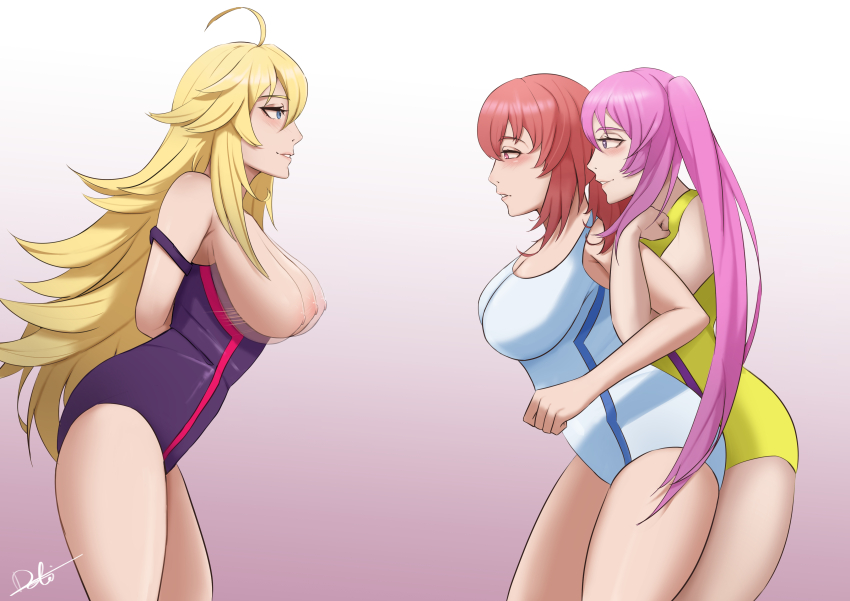 absurdres ahoge arms_behind_back blonde_hair breasts breasts_outside deliciousbra female_only femdom femsub heart_eyes hypnotic_breasts hypnotized_assistant keijo large_breasts leaning_forward long_hair mio_kusakai multiple_girls multiple_subs nipples non_toyoguchi one-piece_swimsuit pink_hair red_hair restrained swimsuit symbol_in_eyes twintails usagi_tsukishita