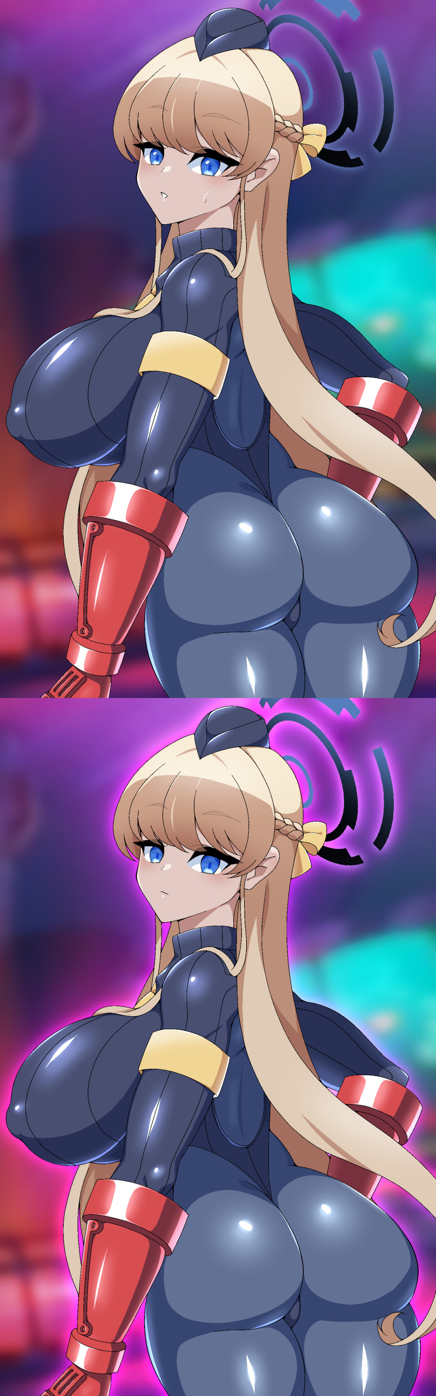 absurdres ass before_and_after blonde_hair blue_eyes blush bodysuit braid breasts character_request empty_eyes erect_nipples erect_nipples_under_clothes female_only femsub gloves glowing hair_ribbon halo hat huge_breasts legs legs_up muscle_girl nipples open_mouth ribbon shadaloo_dolls simple_background solo street_fighter sweat thighs very_long_hair yomosuedesu