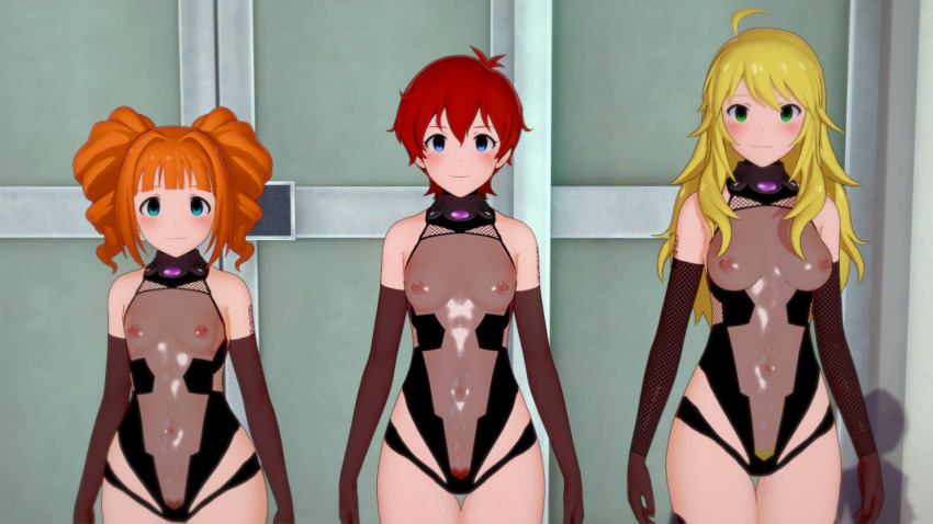 3d ahoge bare_shoulders blonde_hair blue_eyes blush bottomless clothed_exposure collar cyan_eyes drill_hair empty_eyes expressionless female_only femsub fishnets gloves koikatsu! leotard long_hair looking_at_viewer multiple_girls multiple_subs navel nipples opera_gloves orange_hair pubic_hair qr_code red_hair see-through short_hair standing standing_at_attention tattoo tech_control twintails wwww.