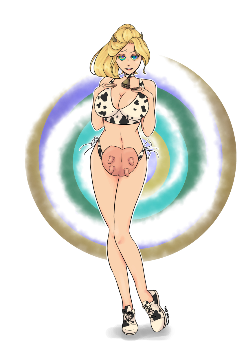 absurdres annabeth_chase bikini blonde_hair breasts cow_girl cowbell female_only femsub happy_trance horns large_breasts monster_girl percy_jackson_&_the_olympians pink_hair ring_eyes sneakers sweetlittleneko symbol_in_eyes udders