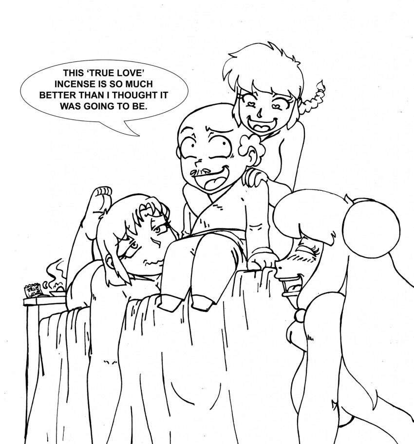akane_tendo aware barefoot bed crazycowproductions dialogue english_text feet femsub greyscale happosai happy_trance harem heart heart_eyes heterosexual hypnotic_smell incense leaning_forward legs legs_up long_hair love lying maledom multiple_girls multiple_subs mustache open_mouth ponytail ranma_1/2 ranma_saotome_(female) shampoo_(ranma_1/2) short_hair simple_background sitting smile speech_bubble symbol symbol_in_eyes tagme text white_background