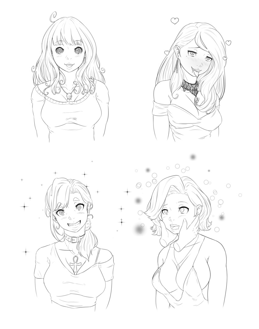 blush breasts cheek_squish choker cleavage crop_top drool empty_eyes eshie female_only femsub greyscale hand_on_another's_cheek happy_trance heart heart_eyes long_hair monochrome necklace original phantom_hand ponytail short_hair sketch spiral_eyes sweater symbol_in_eyes tongue tongue_out
