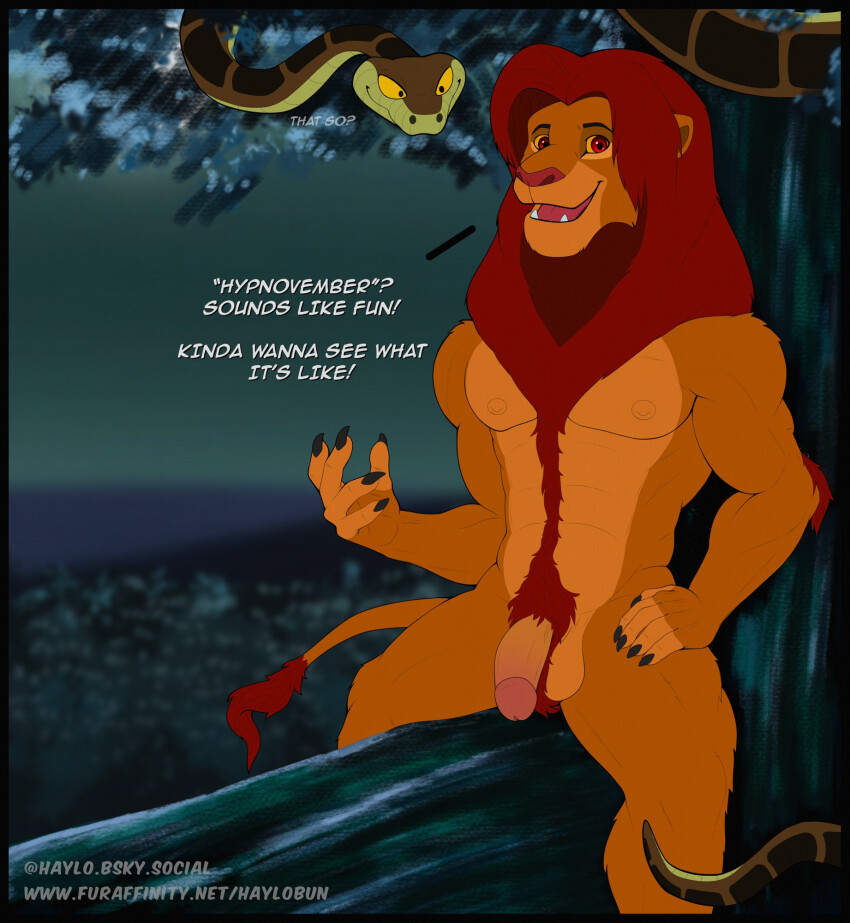 animal_ears balls dialogue disney furry haylothebun hypnovember jungle kaa lion_boy male_only maledom malesub night nude orange_eyes orange_hair outdoors penis red_hair simba smile snake tail text the_jungle_book the_lion_king trees yaoi yellow_eyes