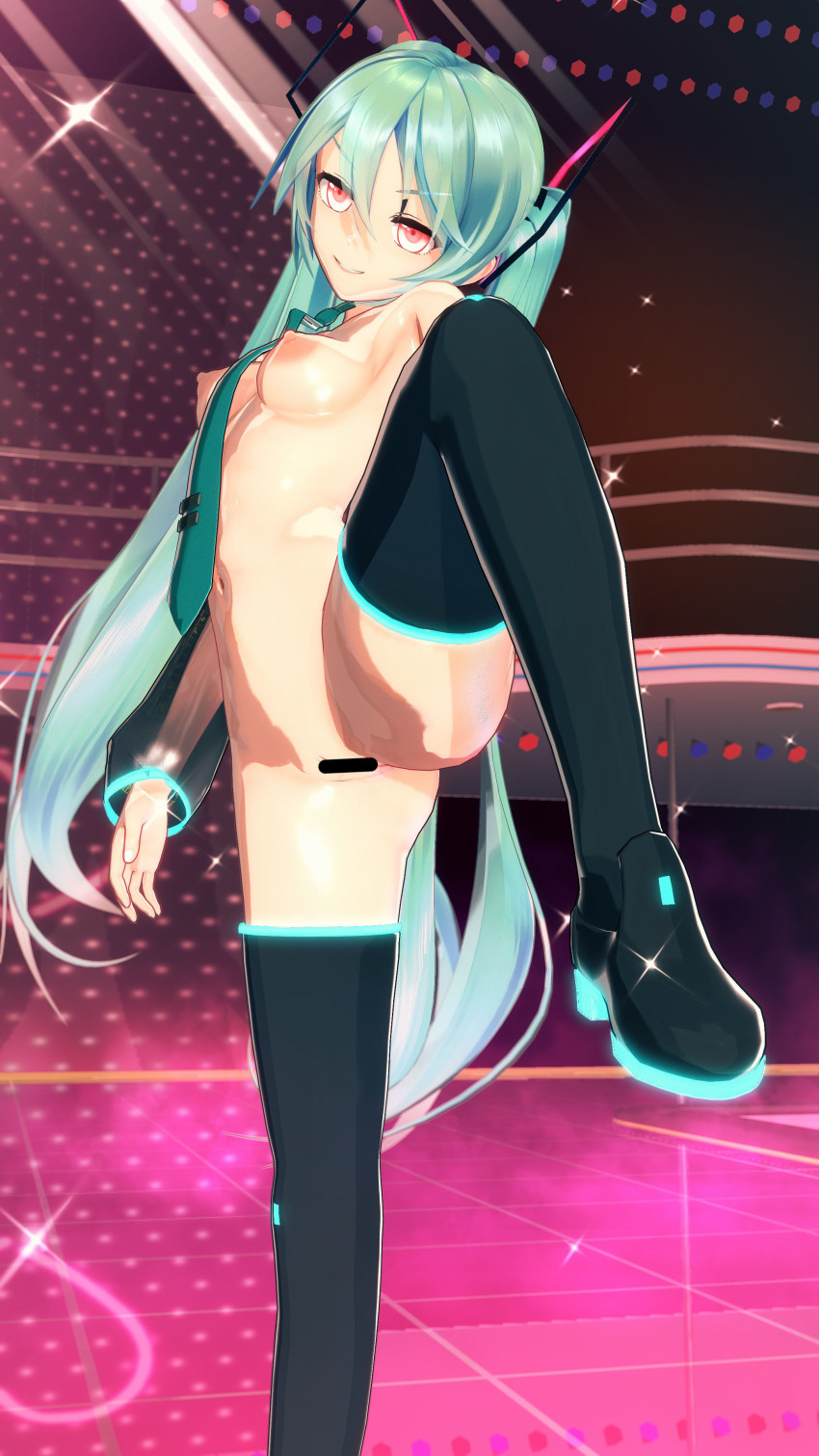 3d arm_warmers blue_hair boots bottomless breasts censored clothed_exposure cyan_hair erect_nipples evil_smile female_only femsub heavy_eyelids koikatsu! looking_at_viewer microphone miku_hatsune navel pussy red_eyes sexually_suggestive small_breasts smile solo standing standing_split taihou1944 thigh_boots thighhighs tie topless twintails very_long_hair vocaloid