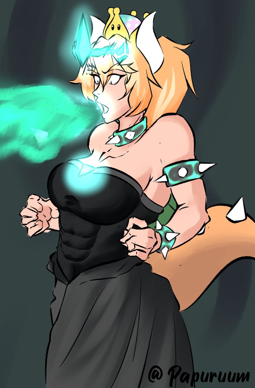 bare_shoulders blonde_hair bowser bowsette bracelet breasts cleavage corruption crossover crystal dress elf_ears femsub genderswap glowing green_background horns jewelry league_of_legends maledom new_super_mario_bros._u_deluxe nintendo open_mouth papuruum possession royalty ruination super_crown super_mario_bros. tail viego_(league_of_legends)