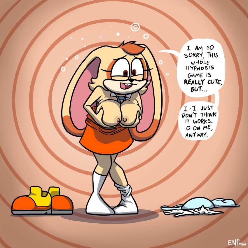 breast_grab breasts brown_eyes bubble bunny_girl cleavage cream_the_rabbit dialogue dress female_only femsub furry holding_breasts large_breasts leaning_forward nipples open_mouth orange_background simple_background sneakers socks solo sonic_the_hedgehog_(series) speech_bubble spiral_background spiral_eyes standing text theenfman tie unaware undressing