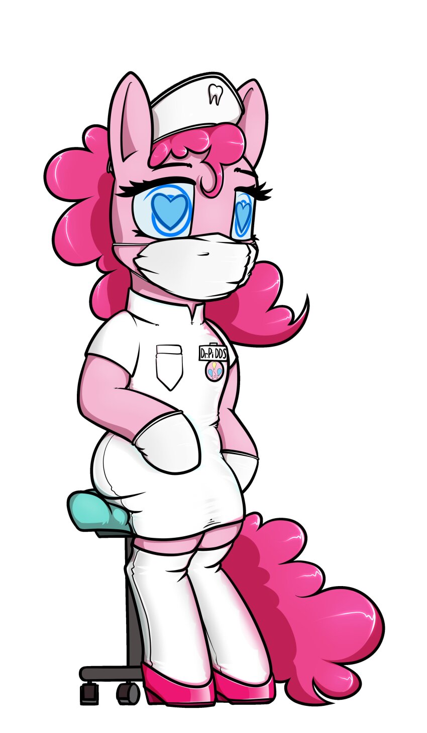 chair dacaoo doctor dress face_mask femsub furry gloves hat heart_eyes high_heels hypnotic_eyes latex my_little_pony nurse pinkie_pie rubber shoes spiral_eyes standing thighhighs uniform white_background