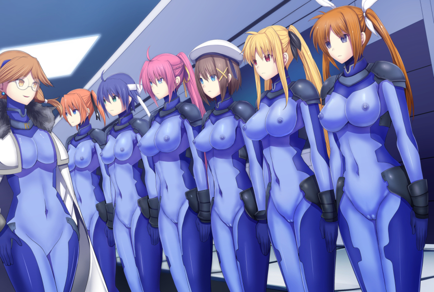 blonde_hair blue_eyes blue_hair bodysuit breasts brown_hair cameltoe cape daiaru erect_nipples_under_clothes expressionless fate_testarossa femdom femsub hat hayate_yagami headband magical_girl_lyrical_nanoha nanoha_takamachi orange_hair pink_hair quattro_(nanoha) red_eyes red_hair ribbon robot robotization signum standing standing_at_attention subaru_nakajima teana_lanster tech_control yellow_eyes