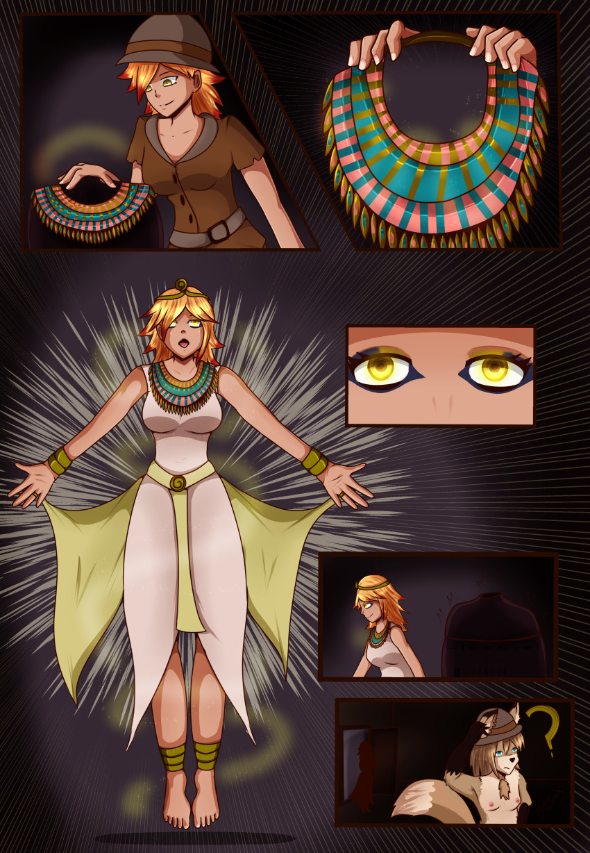 absurdres amy_(asaola) blackwidowx blonde_hair blue_eyes bottomless breasts comic egyptian female_only femdom furry glowing glowing_eyes happy_trance hypnotic_accessory jewelry large_breasts lisafox_(lisafox) long_hair multicolored_hair mummy nude open_mouth original short_hair symbol_in_eyes tongue tongue_out topless yellow_eyes yuri