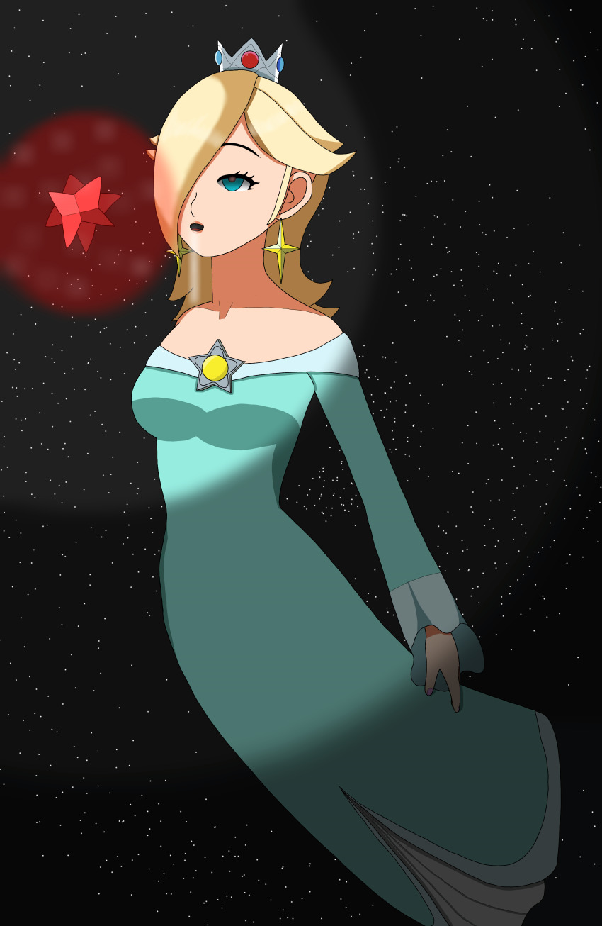 absurdres blonde_hair blue_eyes clothed crown dazed dress drool earrings empty_eyes esbypno female_only femsub floating glowing hair_covering_one_eye hypnotic_object long_hair nintendo open_mouth princess princess_rosalina solo super_mario_bros.