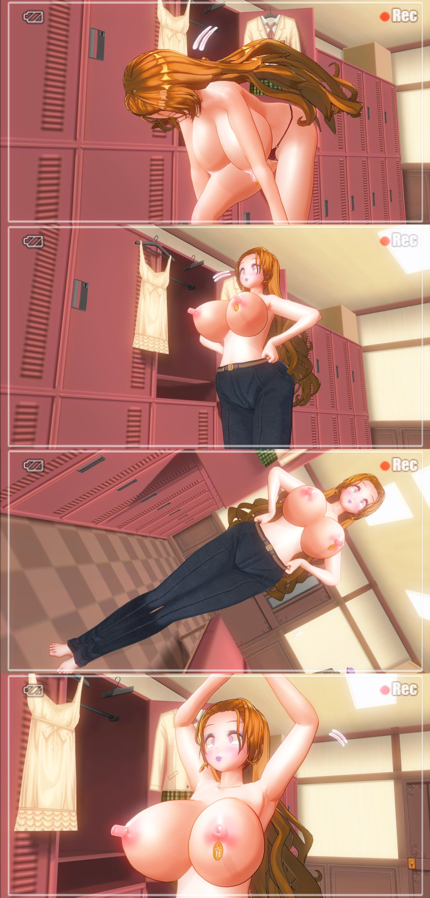 3d absurdres bottomless breasts brown_hair comic custom_maid_3d_2 dialogue dressing empty_eyes erect_nipples expressionless eyeshadow female_only femsub hard_translated huge_breasts kamen_writer_mc lipstick makeup nipple_piercing nipples nude purple_lipstick rika_(made_to_order) text topless