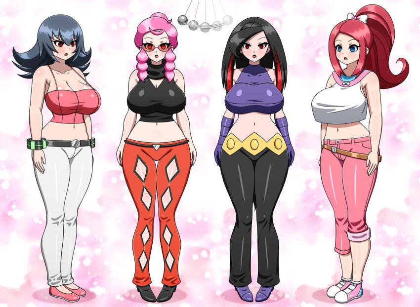 black_hair breasts cleavage cleavage_cutout clothed empty_eyes female_only femsub huge_breasts large_breasts long_hair looking_at_viewer lucy_(pokemon) malva_(pokemon) multicolored_hair multiple_girls multiple_subs navel nintendo open_mouth pendulum penelope_(pokemon) pink_hair pokemon pokemon_(anime) pokemon_red_green_blue_and_yellow pokemon_ruby_sapphire_and_emerald pokemon_x_and_y ponytail sabrina standing standing_at_attention sunglasses yensh