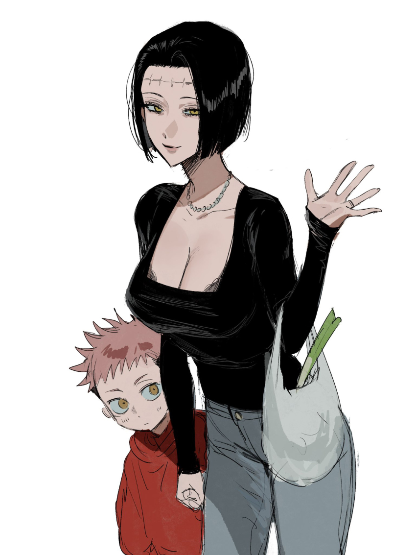 black_hair bra clothed femsub itadori_kaori itadori_yuji jeans jujutsu_kaisen kenjaku milf mother_and_son necklace pink_hair possession short_hair soki stitches underwear wedding_ring yellow_eyes