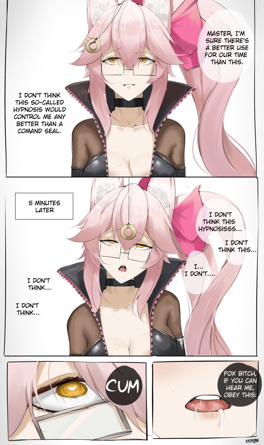absurdres animal_ears bangs before_and_after choker cleavage comic denial dialogue drool english_text eroborne eyebrows_visible_through_hair fate/grand_order fate_(series) femsub fox_ears fox_girl glasses heart_eyes heavy_eyelids koyanskaya long_hair open_mouth orgasm_command pendulum pink_hair signature simple_background speech_bubble symbol_in_eyes text white_background yellow_eyes