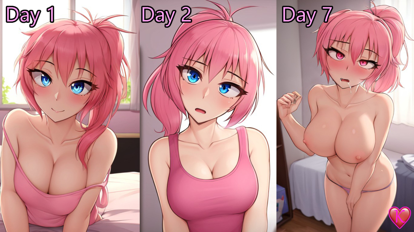 ai_art before_and_after blue_eyes blush breasts cleavage clothed collar collarbone confused crystal_(zko) dazed drool exposed_chest expressionless femsub looking_at_viewer open_mouth original panties pink_hair ponytail sequence smile standing tech_control text topless underwear