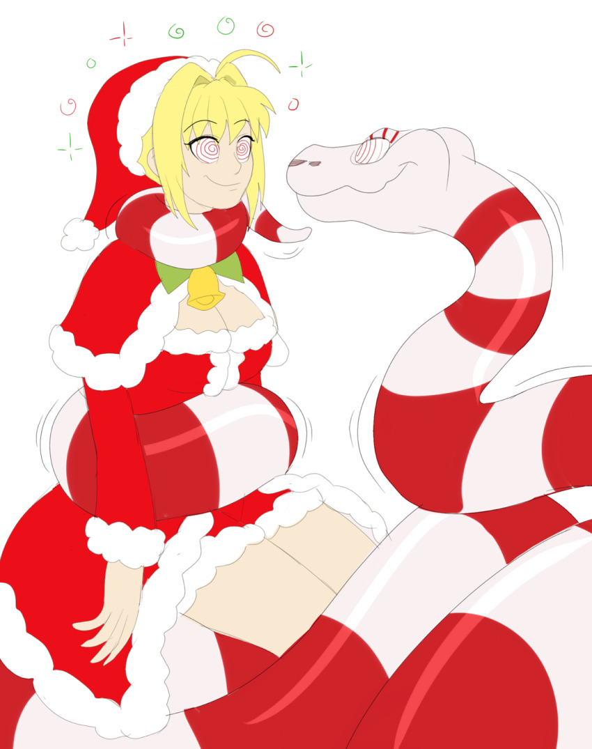 blonde_hair breasts candy_(thescaletrain) christmas cleavage coils fate/extra fate_(series) femdom femsub happy_trance hat hypnotic_eyes large_breasts nero_claudius_caesar_augustus_germanicus_(fate) plsgts saber_extra santa_hat simple_background smile snake spiral_eyes symbol_in_eyes white_background