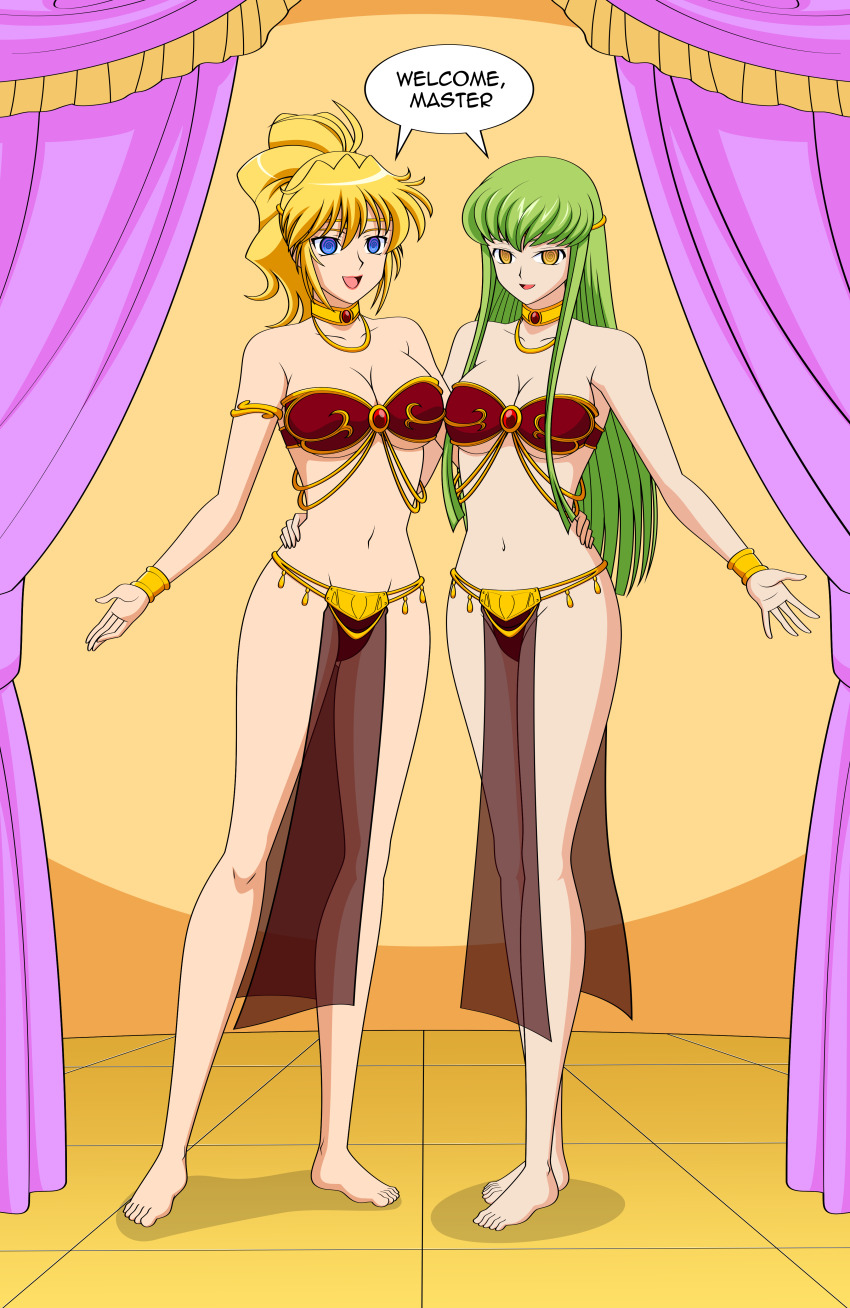absurdres barefoot blonde_hair blue_eyes breasts c.c. code_geass empty_eyes excellen_browning femsub green_hair happy_trance harem harem_outfit jimryu large_breasts long_hair multiple_girls spiral_eyes super_robot_wars symbol_in_eyes text thong