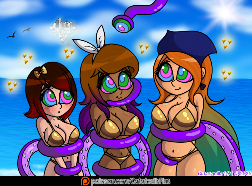 beach bikini bikini_bottom bikini_top blue_hair brown_hair catatouille101 femsub gold green_hair hypnotic_tentacle kaa_eyes long_hair multicolored_hair multiple_girls purple_hair red_hair short_hair spiral_eyes tagme tentacles