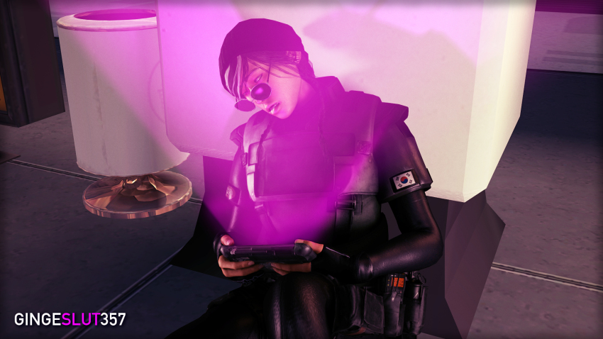 3d black_hair breasts cell_phone dokkaebi female_only glasses glowing grace_nam hypnotic_app hypnotic_screen large_breasts military_uniform open_mouth short_hair source_filmmaker tech_control text tom_clancy's_rainbow_six_siege tongue xxxgingeslut357xxx