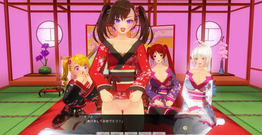 3d blue_eyes blush breasts chelsea_(mc_trap_town) custom_maid_3d_2 earrings empty_eyes etta_(mc_trap_town) flower green_eyes happy_trance japanese_clothing jewelry kamen_writer_mc kimono large_breasts lipstick mc_trap_town natsume_(mc_trap_town) open_mouth pet_play red_lipstick rina_(mc_trap_town) skirt skirt_lift text thighhighs translated twintails white_hair