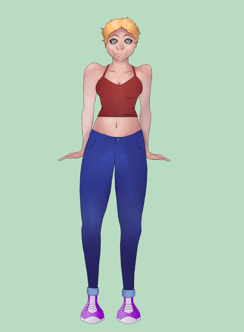 absurdres bare_shoulders blonde_hair clothed collarbone crop_top female_only femsub happy_trance jeans midriff nievart nose_ring pants shoes short_hair simple_background smile sneakers solo spiralwash_eyes standing standing_at_attention tank_top
