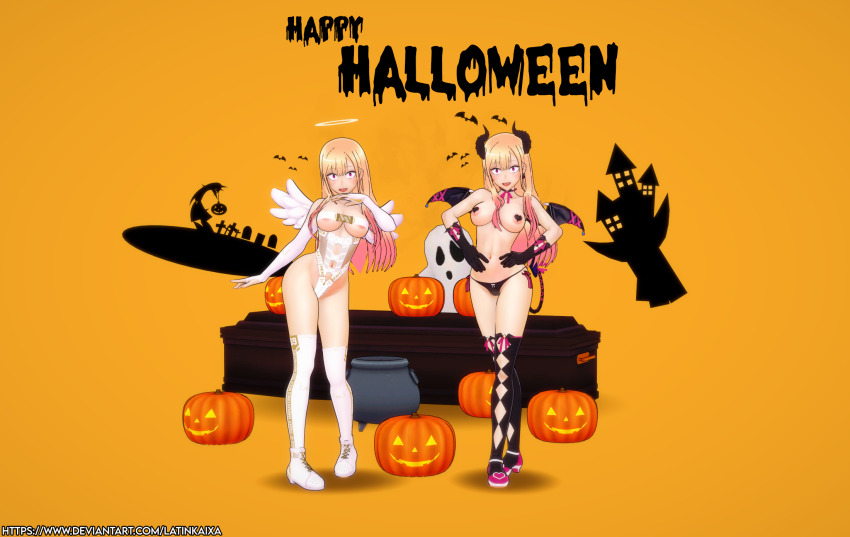 3d angel blonde_hair breasts clone costume femsub halloween happy_trance koikatsu! latinkaixa marin_kitagawa my_dress-up_darling open_mouth pumpkin