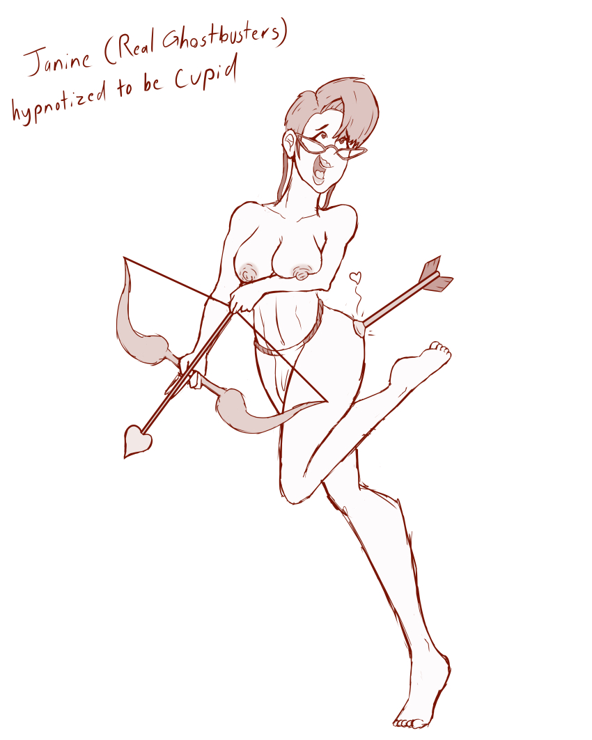 absurdres arrow barefoot black--wave bow_(weapon) breasts cupid female_only femsub ghostbusters glasses happy_trance heart heart_eyes humor janine_melnitz large_breasts loincloth open_mouth smile symbol_in_eyes text the_real_ghostbusters topless valentine's_day weapon