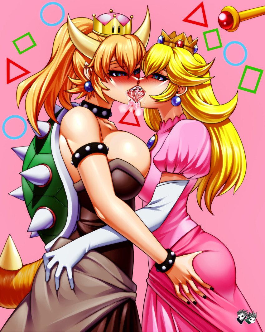 absurdres blonde_hair blush bowsette breast_press breasts cleavage crown drool earrings female_only femsub gloves happy_trance horns jadenkaiba jewelry kissing large_breasts long_hair magic multiple_girls new_super_mario_bros._u_deluxe nintendo open_mouth princess princess_peach ring_eyes sub_on_sub super_crown super_mario_bros. symmetrical_docking tongue tongue_out transformation yuri