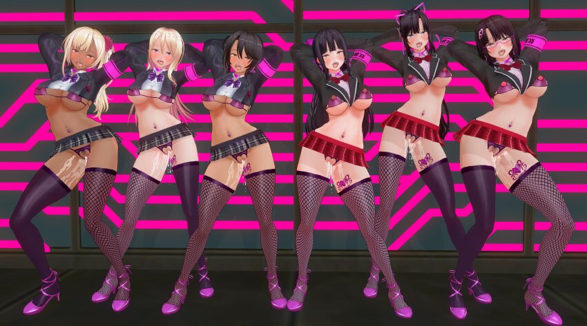 3d arm_bands arms_above_head black_hair blonde_hair blue_eyes blush bow bow_tie breasts brown_eyes brown_hair choker clothed_exposure crotch_cutout custom_maid_3d_2 dark_skin dfish303 drool earrings empty_eyes erect_nipples female_only femsub fishnets glasses grey_eyes hair_ornament happy_trance long_hair looking_at_viewer miniskirt multiple_girls multiple_subs navel navel_piercing nipples open_mouth original piercing ponytail posing pussy pussy_juice school_uniform see-through shoes side_ponytail skirt squirting tan_skin tattoo thick_thighs thighhighs tongue tongue_out underboob underwear yellow_eyes