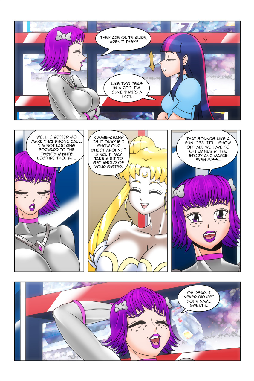 bare_shoulders blonde_hair bow cleavage closed_eyes comic equestria_girls freckles hair_buns kimberly_smith_(daveyboysmith9) large_breasts long_hair multicolored_hair my_little_pony purple_eyes purple_hair purple_lipstick sailor_moon sailor_moon_(series) short_hair smile story text twilight_sparkle twintails wadevezecha western