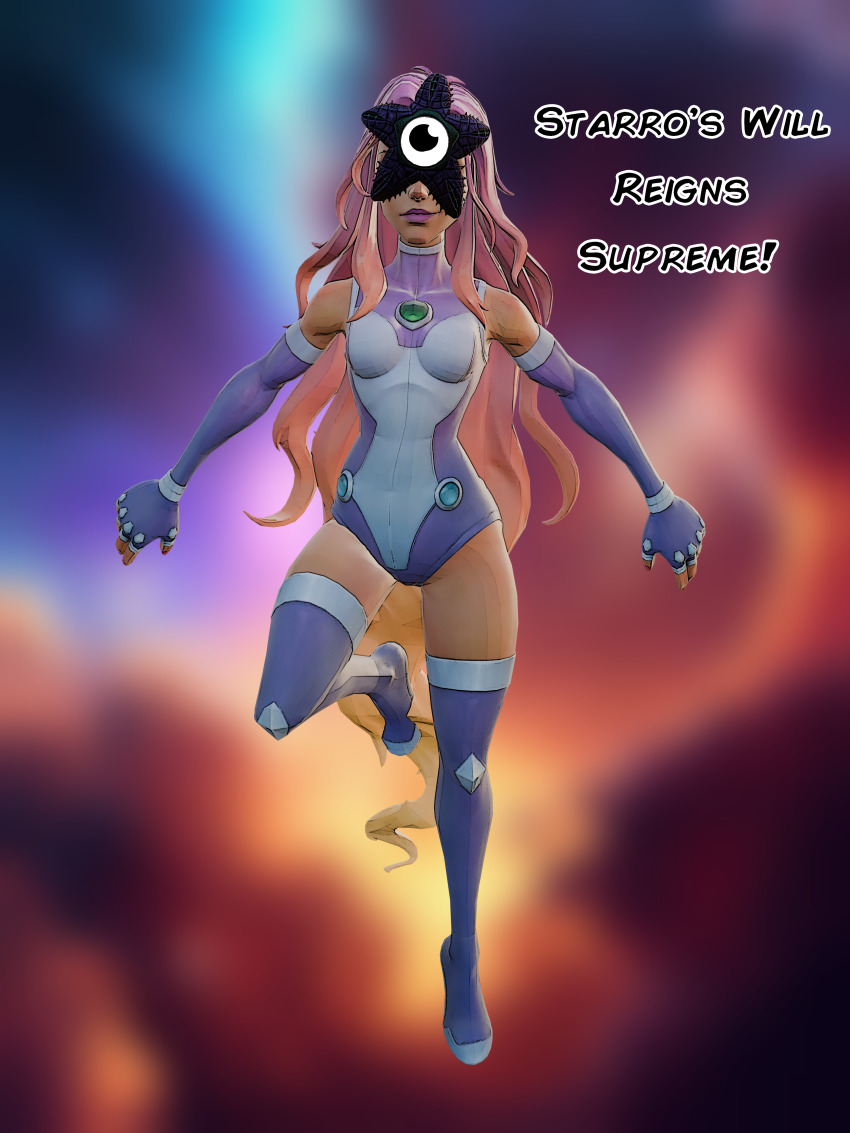 3d alien bare_shoulders blonde_hair boots breasts dc_comics face_mask femsub fingerless_gloves gloves happy_trance heavy_eyelids leotard long_hair multicolored_hair open_mouth opera_gloves parasite red_hair saltygauntlet smile starfire starro teen_titans text