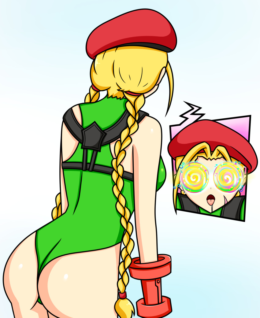 ass ass_focus bent_over beret blonde_hair cammy_white drool femsub fortnite hypnot-eyes leotard meme open_mouth simple_background sortish spiral_eyes street_fighter symbol_in_eyes tongue_out twintails