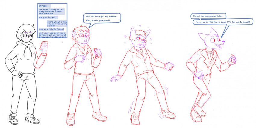 animal_transformation cell_phone dialogue fox_boy furry glasses gregg_lee hand_on_hip hoodie jacket malesub night_in_the_woods pants phone prurientpie running sequence short_hair sketch smile sneakers speech_bubble text transformation