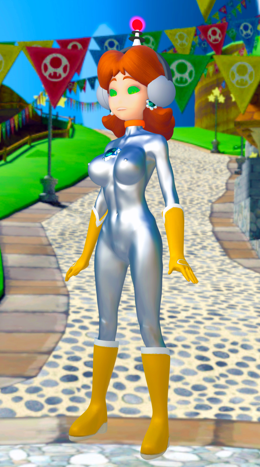 3d absurdres antenna bodysuit breasts brown_hair earrings erect_nipples female_only fembot femsub gloves happy_trance headphones hypnotic_accessory jewelry large_breasts latex leotard nintendo open_mouth princess princess_daisy robotization short_hair smile spiral spiral_eyes super_mario_bros. supercasket symbol_in_eyes tech_control