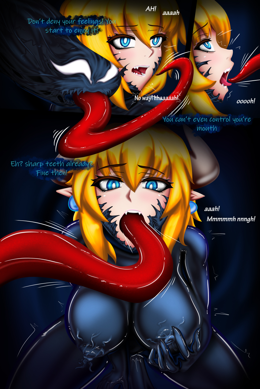 absurdres bowsette breasts cleavage comic erect_nipples large_breasts long_tongue masturbation new_super_mario_bros._u_deluxe nintendo pussy rikatsuky speech_bubble super_crown super_mario_bros. symbiote tentacle_in_mouth tentacles text tongue tongue_out