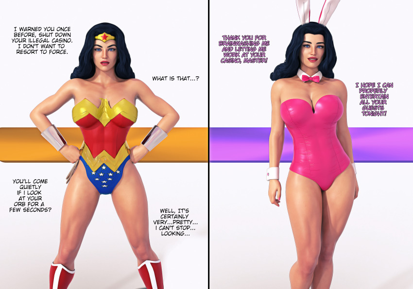 3d altered_common_sense before_and_after black_hair blue_eyes bunny_ears bunny_girl bunnysuit cuffs dc_comics dialogue fake_animal_ears female_only femsub hand_on_hip op-tron super_hero text western wonder_woman