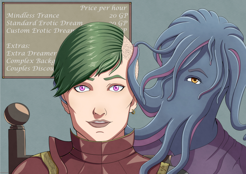armor brain_injection consensual earrings female_only femdom femsub green_hair happy_trance jewelry kobold-komitee mind_flayer pink_eyes shaved smile tentacles text yuri