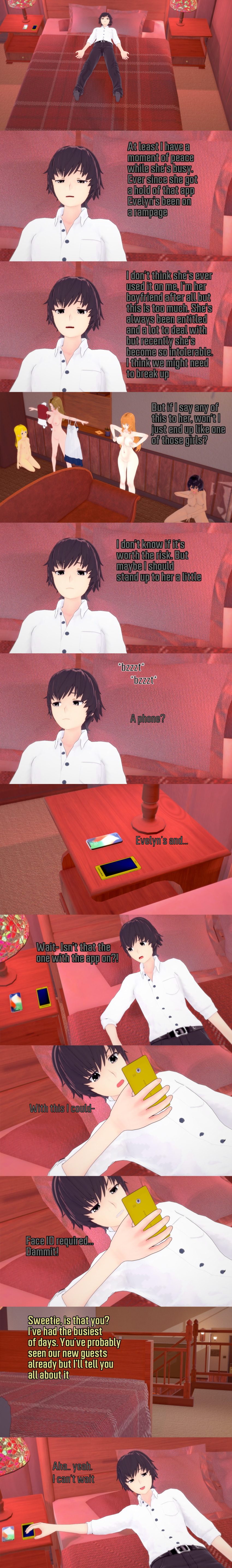 absurdres bare_breasts bed bedroom black_eyes black_hair breasts brown_eyes brown_hair clothed dark_skin dialogue english_text evelyn_fox_(veritas) femsub human_furniture jake_(veritas) jasmine_newman_(veritas) lauren_(veritas) multiple_girls multiple_subs nipples nude orange_hair phone short_hair small_breasts text v veritas zenin1