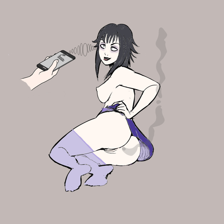 ass breasts cell_phone crossed_eyes fart female_only femsub goth happy_trance hypnostink hypnotic_app original phantom_hand pussy simple_background skirt smoke solo spiral_eyes symbol_in_eyes tech_control thighhighs topless