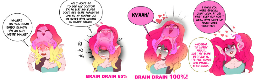 ahegao before_and_after bimbofication blonde_hair brain_drain brain_injection comic denial elf_ears female_only femsub heart_eyes hugothetroll pink_hair possession slime text transformation
