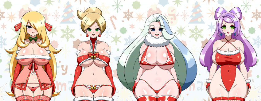 absurdres bikini black_eyes blonde_hair blue_eyes blush bow breasts brown_hair christmas cleavage cynthia earrings empty_eyes female_only femsub fingerless_gloves garter_belt gloves green_eyes hair_covering_one_eye happy_trance large_breasts leotard lingerie lipstick long_hair melony_(pokemon) micro_bikini milf miriam_(pokemon) multicolored_hair multiple_girls multiple_subs navel nintendo nipples one-piece_swimsuit open_mouth opera_gloves pink_lipstick pokemon pokemon_black_and_white pokemon_diamond_pearl_and_platinum pokemon_scarlet_and_violet pokemon_sword_and_shield ponytail professor_juniper purple_hair ribbon see-through shiny_skin short_hair standing standing_at_attention swimsuit thick_thighs thighhighs underwear very_long_hair white_hair yensh