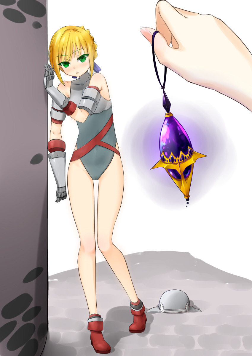 artist_request bare_legs bare_shoulders blonde_hair cosplay crystal empty_eyes expressionless fate/stay_night fate_(series) female_only femsub final_fantasy final_fantasy_ix green_eyes helmet hypnotic_accessory leotard looking_at_viewer pendulum pov pov_dom saber thighs vahn_yourdoom white_background