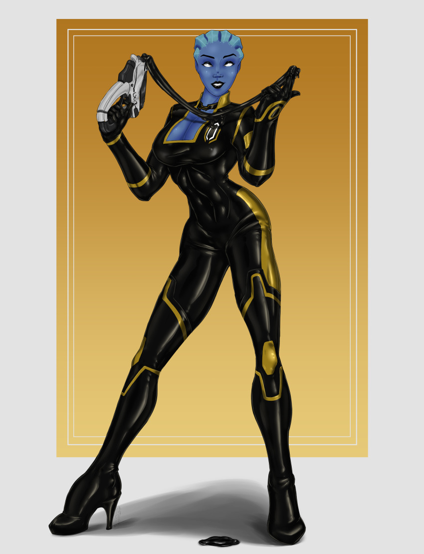 absurdres alien alien_girl alternate_costume asari blue_skin bodysuit boots breasts cleavage collar corruption evil_smile female_only femsub freckles gloves high_heels large_breasts latex liara_t'soni mass_effect rotem_dishon slime smile solo tech_control thigh_boots whitewash_eyes
