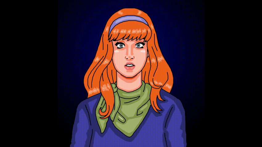 animated animated_gif blue_eyes closed_eyes daphne_blake empty_eyes femsub gradient_background hair_band happy_trance light_skin mspainter open_mouth red_hair scarf scooby-doo_(series) shirt simple_background smile sparkle