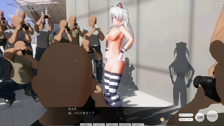 3d animal_ears antenna ass blue_eyes breasts brown_hair business_suit collar comic cosplay dialogue fake_animal_ears femsub glasses gloves hitori hypnotic_accessory original panties remote_control standing tech_control text thighhighs unaware underwear undressing undressing_command white_hair