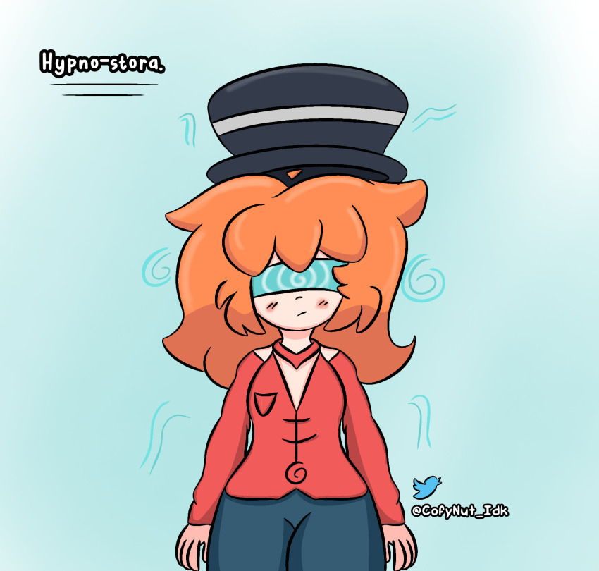 among_us aware blush clothed cofynut expressionless female_only femsub frantheflan hat hypno-stora jeans orange_hair original pants red_dress shirt signature simple_background solo spiral standing standing_at_attention tagme tech_control text visor